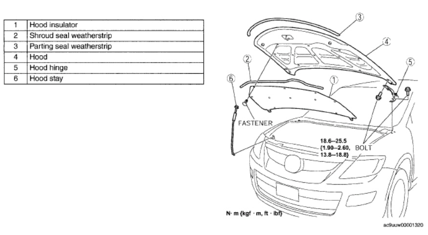 Identifying Hood Removing Components and Torque Specifications