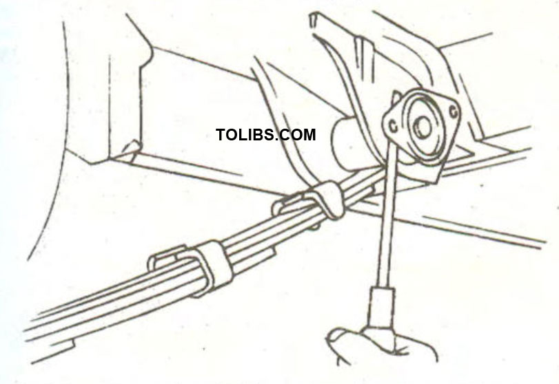 Removal of the front spring pin. A screwdriver is inserted as shown to pry out the pin.